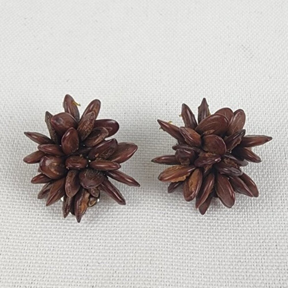 Vintage Brown Seed Beaded Flower Clip On Earrings
